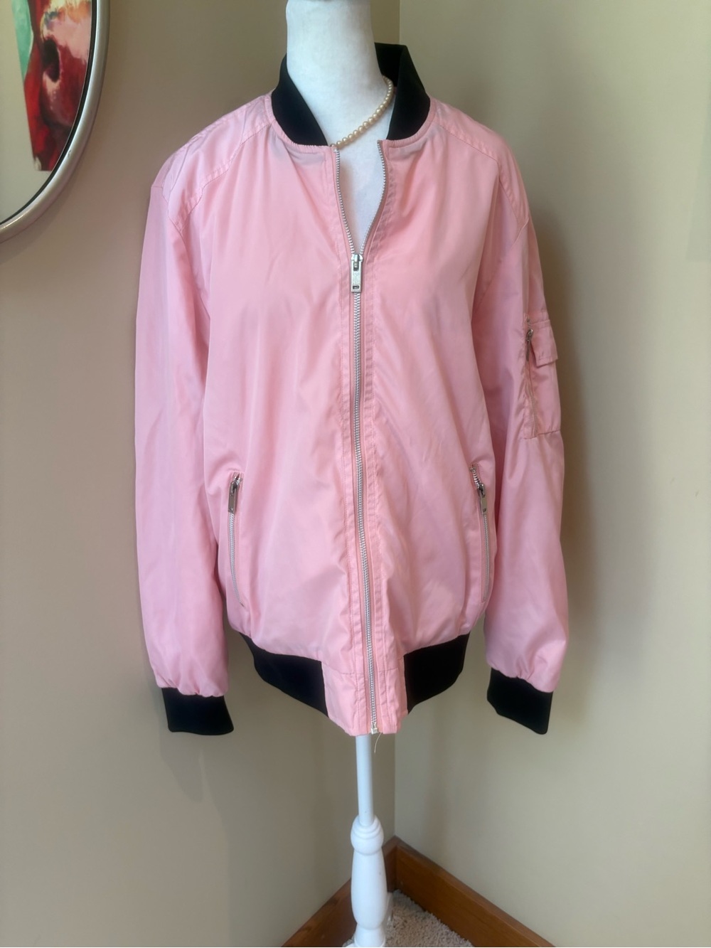 Pink Bomber Jacket with Black Trim  Lightweight Size M (Runs Large)